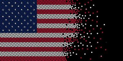 Pixel art with USA flag. Pixel Dots grow by concentrating within the flag. The dots inside the America flag are pixel art representing unity and independence. Flag on black background. vector