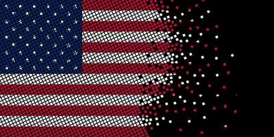 Pixel art with USA flag. Pixel Dots grow by concentrating within the flag. The dots inside the America flag are pixel art representing unity and independence. Flag on black background. vector