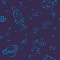 Space and astronaut seamless pattern. Starry sky background with cosmic elements. Hand drawn solar system, stars, planets, spaceships, rockets. vector