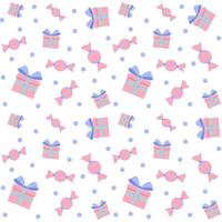 Vector seamless pattern of pink tones on a white background. candy and gifts are printed on fabric, wrapping paper, or wallpaper.