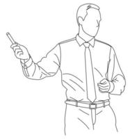 Illustration of line drawing a gesturing young businessman giving a presentation and strategy data on the board. A coach presenting data on a screen during a meeting in an office isolated on a white vector