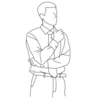 ilustración del dibujo lineal de un joven hombre de negocios gesticulante que da una presentación y datos de estrategia en el tablero. un entrenador que presenta datos en una pantalla durante una reunión en una oficina aislada en un blanco vector