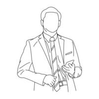 Illustration line drawings a handsome businessman in formal suit looking at smart phone screen, checking information online from social media news and reading or write mail messages isolated on white vector