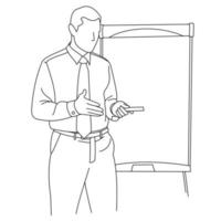 Illustration of line drawing a gesturing young businessman giving a presentation and strategy data on the board. A coach presenting data on a screen during a meeting in an office isolated on a white vector