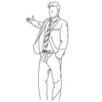 Illustration of line drawing a gesturing young businessman giving a presentation and strategy data on the board. A coach presenting data on a screen during a meeting in an office isolated on a white vector