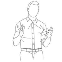 Illustration of line drawing a gesturing young businessman giving a presentation and strategy data on the board. A coach presenting data on a screen during a meeting in an office isolated on a white vector