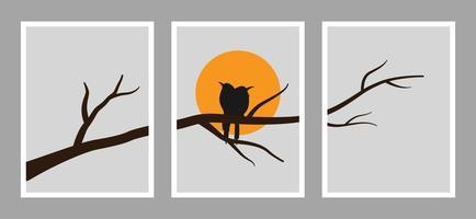 Birds Couple Silhouette on Branch Vector for wall art.