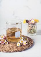 chamomile hot tea and daisies photo