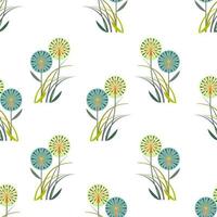 Modern blue and green circular floral pattern. It has straight stems and leaves that bend in the wind. Seamless arrangement of duplicates. fabric pattern idea, wrap, scarf, tablecloth, poster