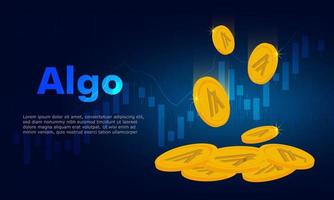 Algo Algorand coins falling vector.Blue background with graph.Cryptocurrency concept.Digital currency.Algorand token. vector