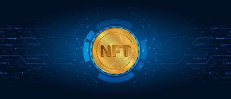 NFT nonfungible coin.non fungible token.Blockchain concept.NFT glod coin with blue background technology. vector