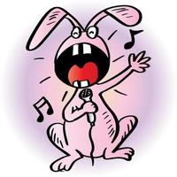 Cartoon happy rabbit sings in karaoke. Animal cartoon character.