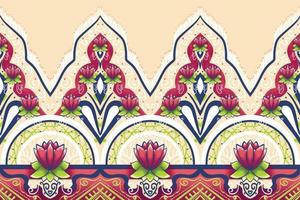 Pink Flower on Ivory Beige, Green, Navy Blue Geometric ethnic oriental pattern traditional Design for background,carpet,wallpaper,clothing,wrapping,Batik,fabric, vector illustration embroidery style