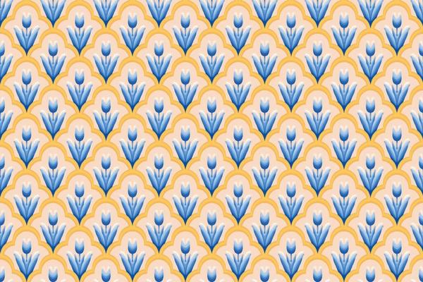 Blue Flower on Ivory, White, Yellow Geometric ethnic oriental pattern traditional Design for background,carpet,wallpaper,clothing,wrapping,Batik,fabric, vector illustration embroidery style