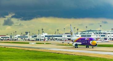 Bangkok Thailand 24. May 2018 Nokair airline plane takes off during storm Bangkok Suvarnabhumi Thailand. photo