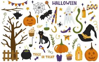 Halloween is a set of traditional symbols for a party. Pumpkin, bat, inscriptions, snake, witch's cap, cat, sweets, candy, lollipop. Vector collection of illustrations in cartoon style, clipart