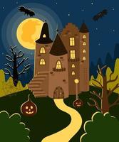 Halloween dark house, castle on the background of a full moon. Vector illustration in cartoon style, clipart. For design, decoration, postcards