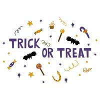 Trick or treat inscription for Halloween. Vector illustration isolated on a white background. For design, decor, postcards