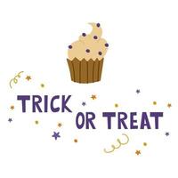 The inscription Trick or treat for Halloween with a cream cake. Vector illustration isolated on a white background. For design, decoration, postcards