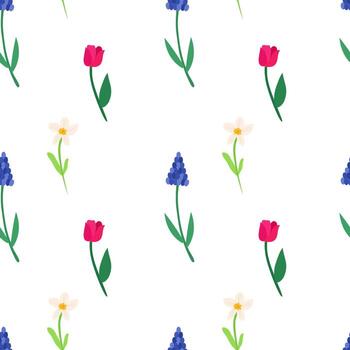 patrón sin costuras de flores coloridas de primavera de tulipán, muscari, narcisos. fondo de vector rústico festivo para imprimir en papel, tela, embalaje.