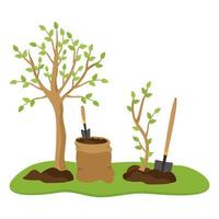 Gardening spring planting of trees. Young seedlings in fresh soil, next to a shovel and a bag of earth. Illustration of agriculture vector