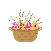 Easter wicker basket with bright eggs of colorful flowers and willow. Festive vector illustration for design