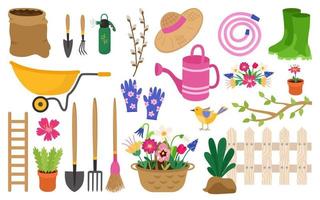 Gardening spring bright set. Tools, gloves, wheelbarrow, shovel, broom, sprayer, fence, rubber boots, tree branch, flowers, basket, hat, watering can, willow. Vector items for agriculture.