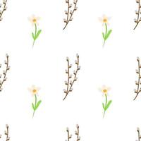 Seamless Easter pattern made of willow twigs with daffodils flowers. Festive vector background for printing on paper, fabric, packaging