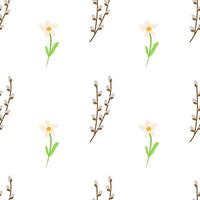 Seamless Easter pattern made of willow twigs with daffodils flowers. Festive vector background for printing on paper, fabric, packaging