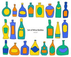 Vector set of wine bottles. Color linear drawing on a white background