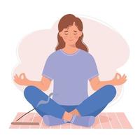 mujer joven medita sentada en una estera de yoga vector