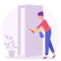 Woman clean, wipes door handle vector