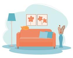 Interior of the living room with a sofa, a floor vase and a floor lamp vector