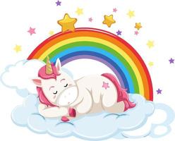 Little unicorn lying on a cloud with rainbow vector