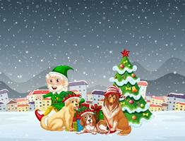 escena de la noche de navidad nevada con elfo y grupo de perros vector