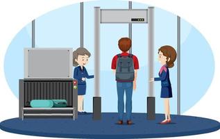 Airport security check with a passenger walking through body scanner vector