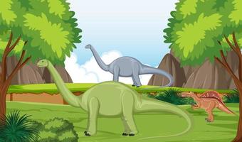 escena con dinosaurios en el bosque vector