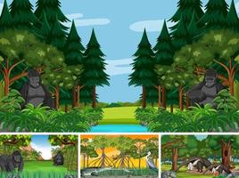 cuatro escenas con animales salvajes en el bosque vector