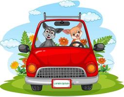 Many dogs riding on red car in the park vector