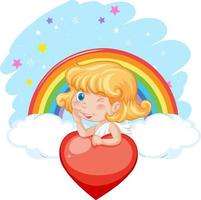 niña ángel sosteniendo un corazón rojo en el fondo del arco iris vector