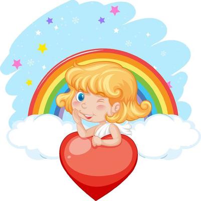 Angel girl holding red heart on rainbow background