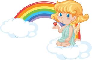niña ángel sentada en una nube con arco iris vector