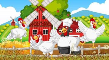personajes de dibujos animados de pollos en la escena de la granja