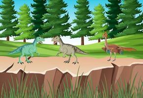 dinosaurio en la escena del bosque prehistórico vector