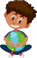 chico lindo abrazando el globo terráqueo en estilo de dibujos animados vector