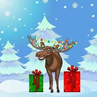 Christmas poster design with moose on snowy background vector