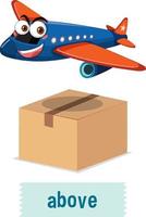 Prepostion wordcard design with airplane above box vector