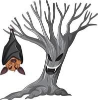 Brown bat hanging on ghost tree in cartoon style vector