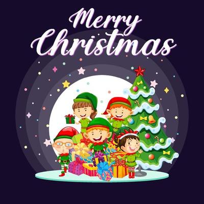 Merry Christmas poster design with cute elves group