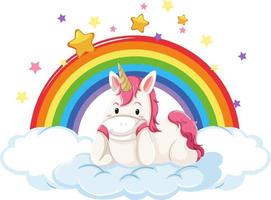 Pink unicorn lying on a cloud with rainbow vector